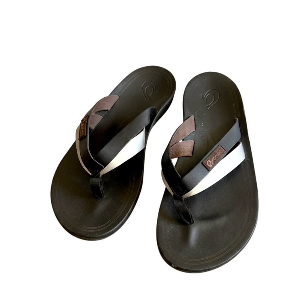 OluKai Women’s Black Flip Flop Sandals - with Silver & Black Straps
